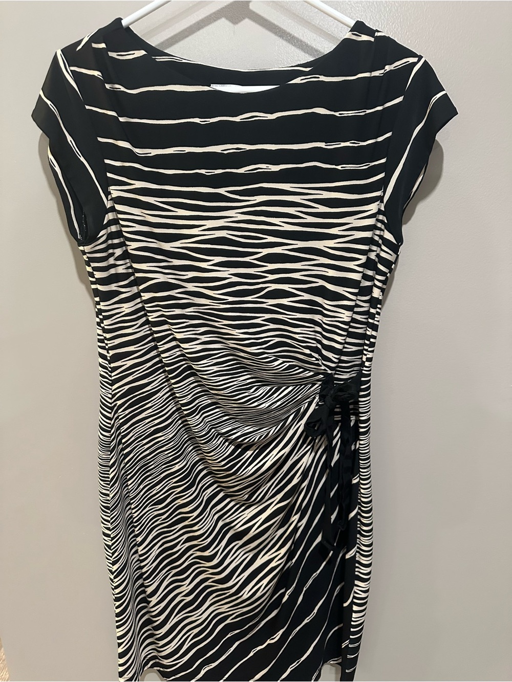 dressbarn Black and Cream Wave-Print Midi Dress with Side Tie
